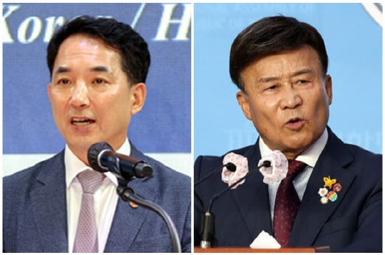 박민식(왼쪽) 국가보훈처장과 김원웅 전 광복회장. <연합뉴스>